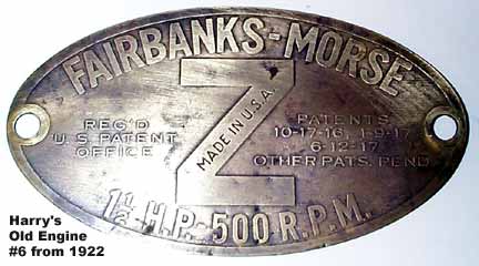 Fairbanks Morse 1-1/2 H.P. Brass Tag from FRONT of Water Hopper