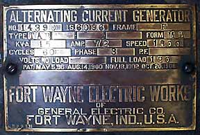 ALTERNATING CURRENT GENERATOR Frame F Type TAB Form ML KVA 15 AMP 72 Speed 1800 Cycles 60 Phase 3 Volts Full Load 120 Patd. May 5, 1896 Aug 14, 1900 Nov 18, 1902 Oct 20, 1908 FORT WAYNE ELECTRIC WORKS of GENERAL ELECTRIC COMPANY Ft. Wayne, IN USA.